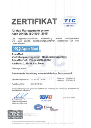 TÜV-Zertifikat für das Managementsystem nach DIN EN ISO 9001:2015