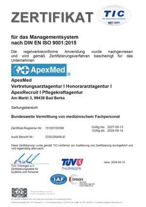 TÜV-Zertifikat für das Managementsystem nach DIN EN ISO 9001:2015